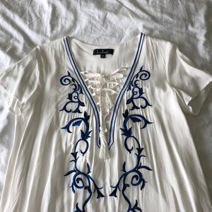 White Lulu’s Dress w/ Blue Embroidery & Tie Front